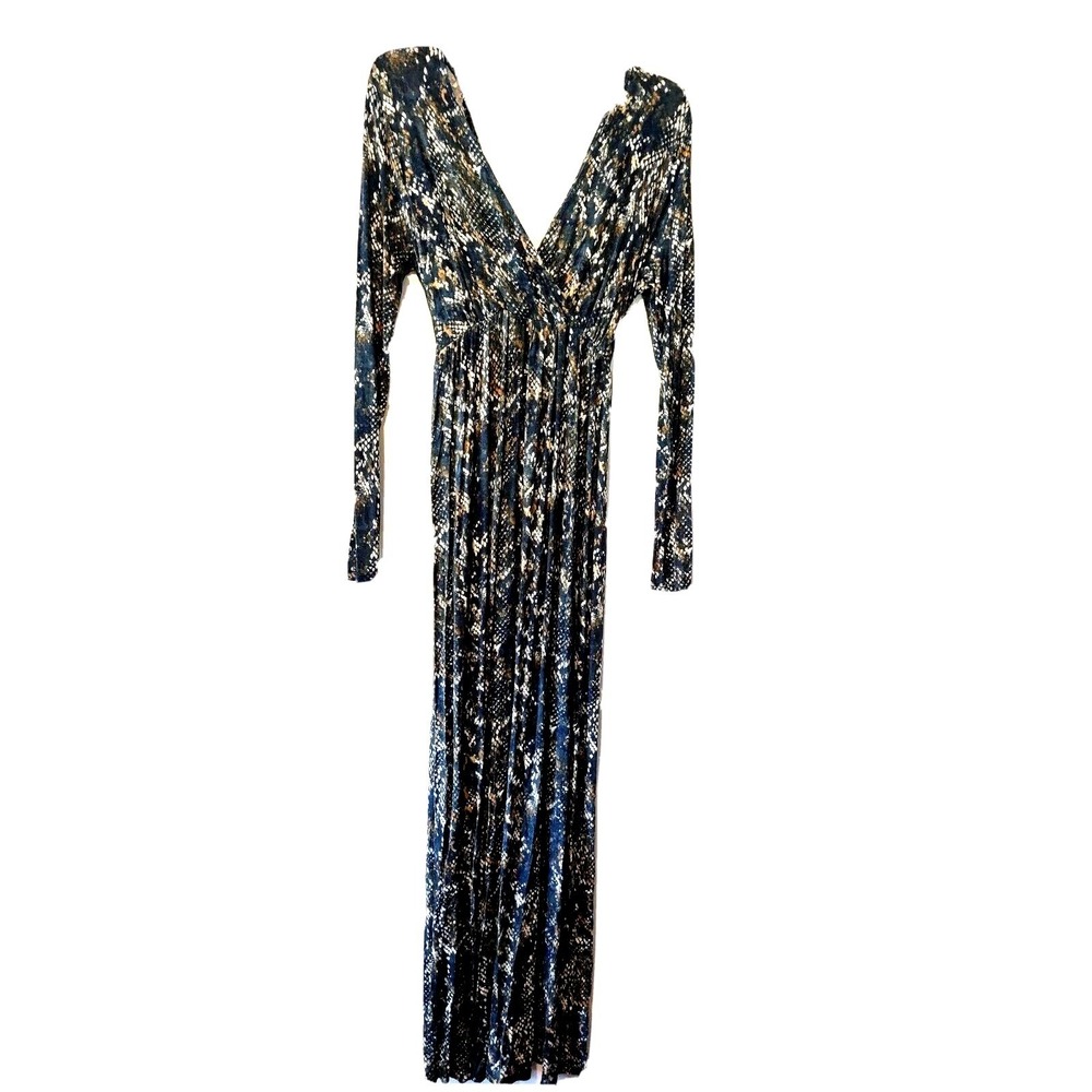 Jessica Simpson Maternity Maxi Dress Women's Medium Blue Snakeskin V-Neck Wrap